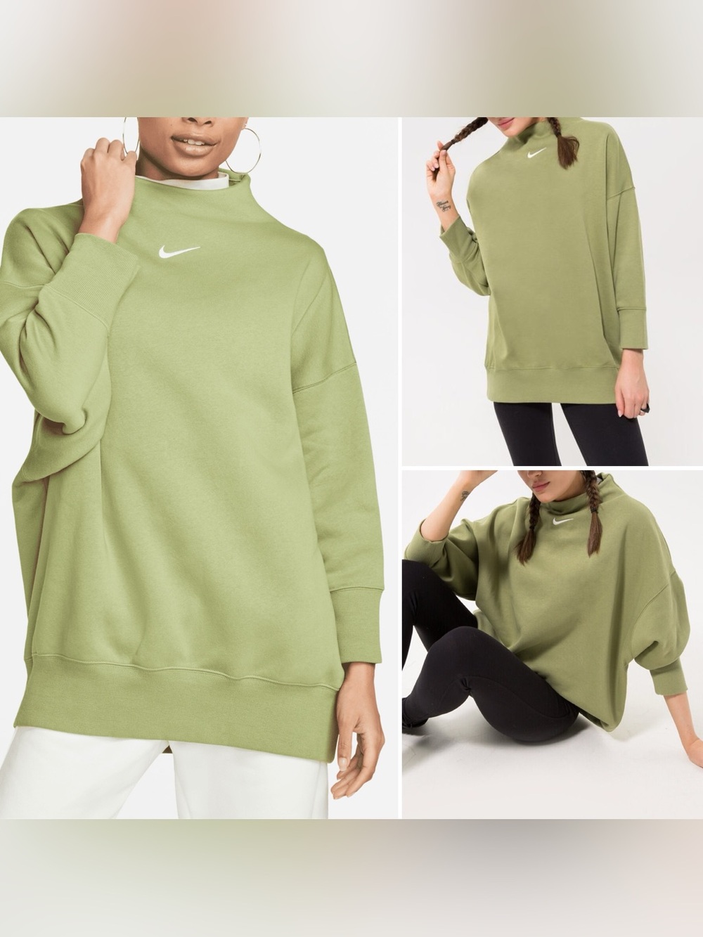 Nike Pheonix Fleece Mock Neck Pullover Sweatshirt in Alligator Green Women's XS